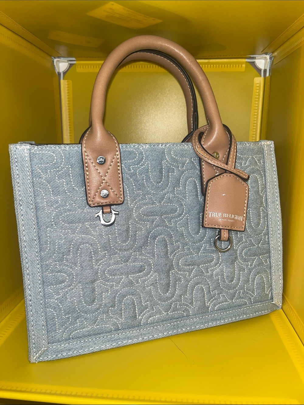 True Religion Light Gray Denim Tote with Tan Leather Handles